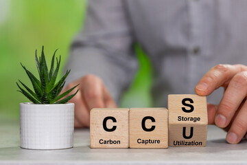 Wooden cubes form the symbol CCS (carbon capture storage) and CCU (carbon capture utilization)....