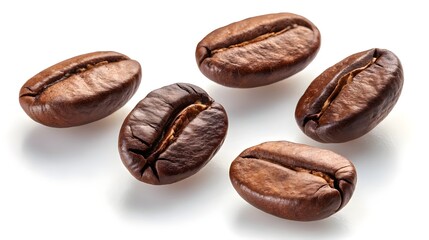 Obraz premium coffee beans, high-key studio shot, isolated on white background. Close-up, detailed view of each bean's texture and shape, each bean angled differently. Rich, dark brown colors, various shades 