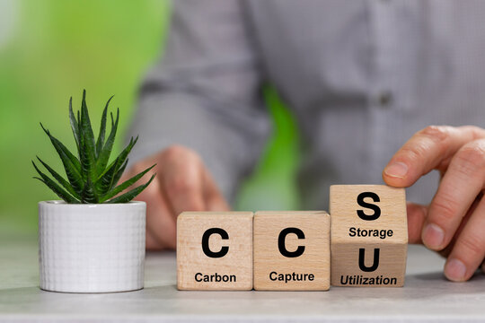 Wooden cubes form the symbol CCS (carbon capture storage) and CCU (carbon capture utilization). Environmental Business concept, Net zero action, Save energy, green energy, reduce carbon footprint