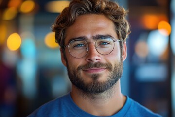 Obraz premium A close-up view of a person wearing glasses with a neutral expression