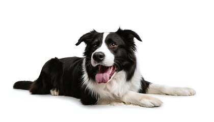 Fototapeta premium A playful Border Collie panting and lying down, isolated on a white background. The dog's expressive face captures its energetic and friendly nature, perfect for pet designs