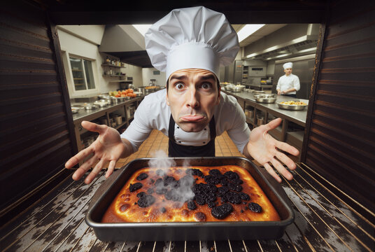Shocked Chef Discovering Burnt Food in a Busy Restaurant Kitchen