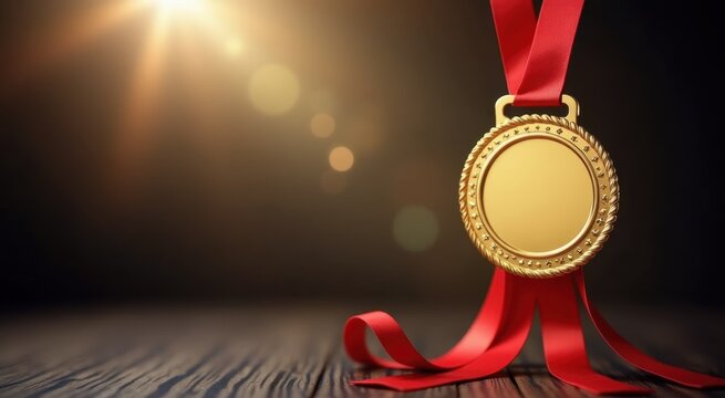 A close up of a gold medal with a red ribbon