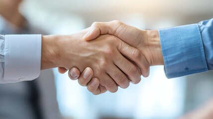 A close-up of two hands shaking in a professional setting, symbolizing agreement, partnership, and collaboration. This image conveys trust and mutual respect in business dealings.