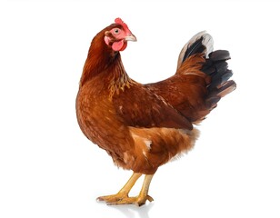 Fototapeta premium A brown chicken hen standing upright, showcasing its feathers and natural pose, isolated on a white background. Perfect for farm, agriculture, and animal-related themes.