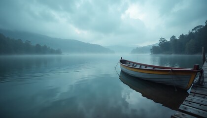 Fototapeta premium Serene Misty Lake Landscape with Wooden Rowboat and Forested Shores