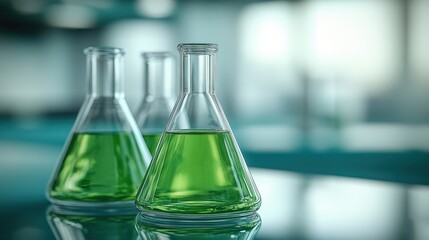 Green Laboratory Flasks with Chemical Solutions