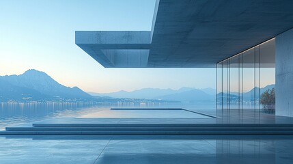 Fototapeta premium Modern minimalist house overlooking serene lake mountains