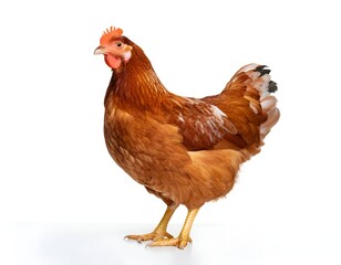 Fototapeta premium A brown chicken hen standing upright, showcasing its feathers and natural pose, isolated on a white background. Perfect for farm, agriculture, and animal-related themes.