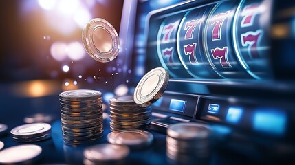 A close-up view of a slot machine featuring spinning reels, colorful chips, and the excitement of winning. An engaging scene highlighting the thrill of gambling and entertainment.