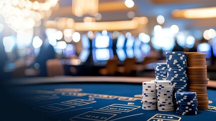 A close-up view of colorful poker chips stacked on a casino table, with a blurred background of slot machines and ambient lights