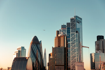 Rooftop view looking over London City during sunset 