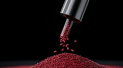 Red Polymer Granules Flowing: A stream of vibrant red polymer granules pours from a metallic chute, creating a visually striking cascade against a stark black background.