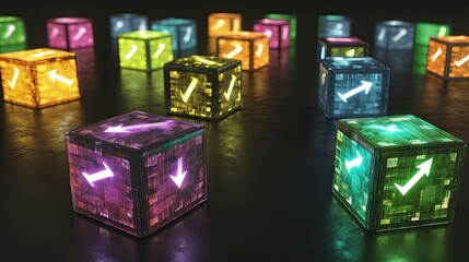 Illuminated Cubes Displaying Directional Arrows and Checkmarks