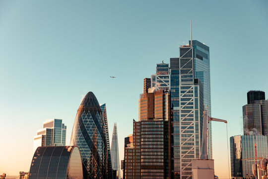 Rooftop view looking over London City during sunset 