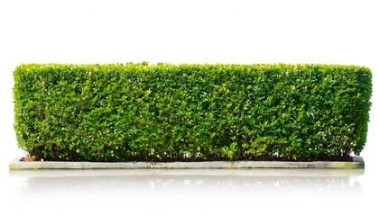 A neatly trimmed hedge of boxwood with dense green foliage, isolated on a white background. Perfect for gardening, landscaping, and nature-related designs emphasizing symmetry and greenery