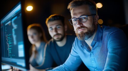 Fototapeta premium A focused team of professionals collaborating in a modern office environment. The atmosphere is dynamic, with a strong emphasis on technology and teamwork.