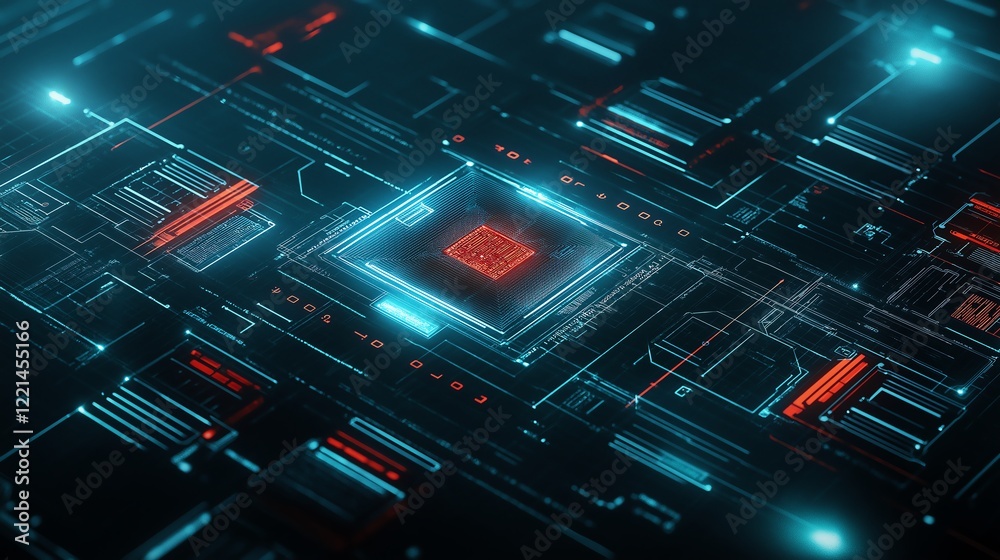 Poster a futuristic circuit board design with glowing elements and intricate patterns. the image showcases 