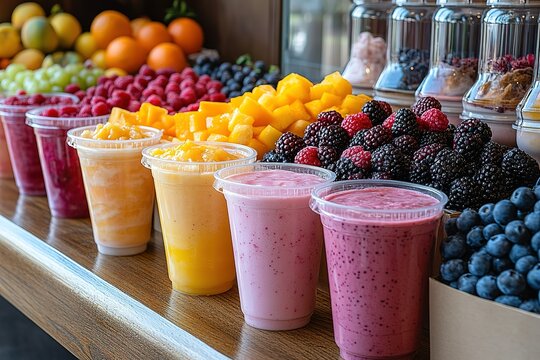 Fresh fruit smoothies in a row ready to enjoy A vibrant display of healthy choices