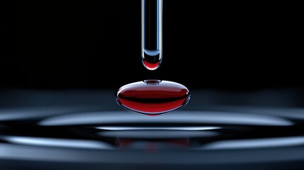 Red Drop Suspended in Time: A single, glistening red drop of liquid hangs suspended in mid-air, moments before it merges with the surface below.