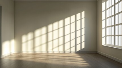 Natural Light Creates Geometric Shadows in a Minimalist Empty Room During the Morning in a Simple, Modern Space