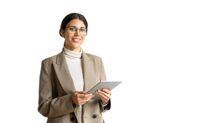 Portrait at camera woman in business suit holding digital pad tab computer. Smiling young middle...