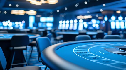 Obraz premium A modern casino interior featuring a vibrant gaming table with blue felt and soft lighting