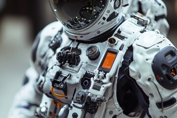 Fototapeta premium A close-up shot of a person wearing a space suit, with a helmet and gloves