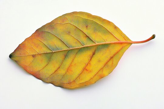 A single yellow leaf sits on a clean white surface, perfect for design and illustration uses