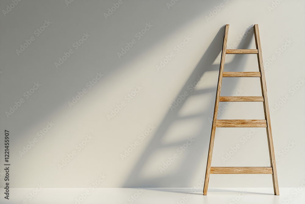 Poster wooden ladder leaning against a light wall with soft shadows in a minimalist room. business backgrou