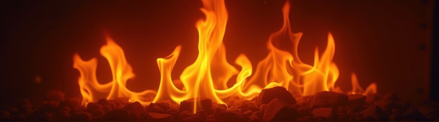 Flames are burning in a fireplace with rocks and gravel