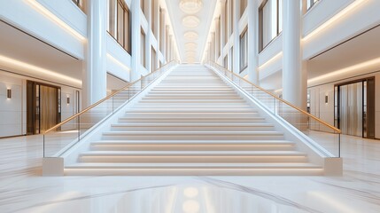 A stunning modern staircase in a luxurious interior, featuring clean lines and bright lighting that creates a warm and inviting atmosphere for visitors and guests.