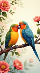 Fototapeta premium Two colorful birds sitting on a branch with flowers