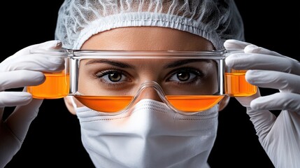 Scientist Examining Sample: A female scientist, wearing protective gear, meticulously examines a vibrant orange liquid sample held before her eyes.