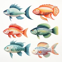 Naklejka premium Collection of colorful fish illustrations isolated on white background for creative design