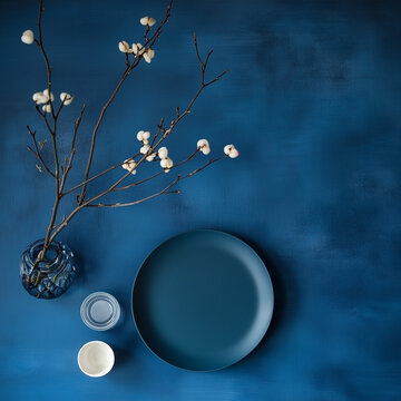 Plato y composicion azul sobre fonfo azul
