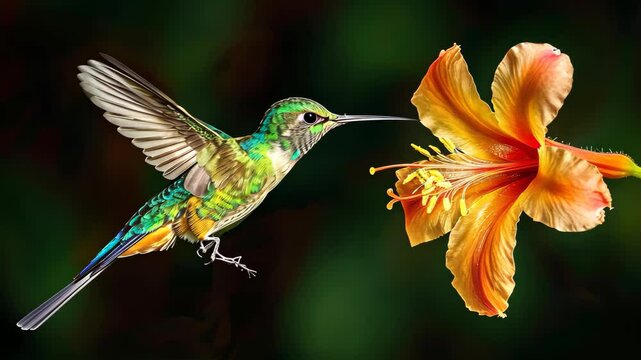 A longtailed sylph hummingbird hovers gracefully in front of a vibrant hibiscus flower, showcasing its colorful plumage in a lush garden during the early morning hours