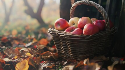 Harvest basket with fresh apples amidst autumn leaves in a rustic setting
