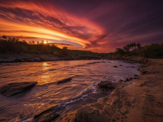 Amazing sun set moment over the foamy ocean waves onto the sea beach sand