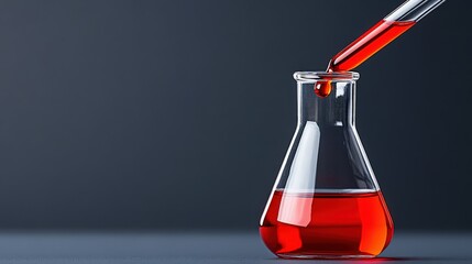Red Liquid in Erlenmeyer Flask: A close-up shot of a red liquid being poured into an Erlenmeyer flask against a dark gray background.