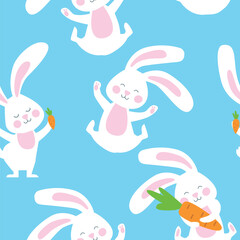 Easter seamless pattern with white bunny on blue background. 