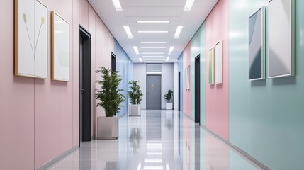 Bright and Modern Interior Corridor Featuring Vibrant Colored Walls and Decorative Plants in a Contemporary Design Space
