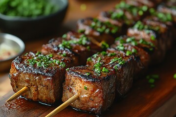 Grilled beef skewers seasoned and ready to enjoy Perfect for a barbecue or summer meal