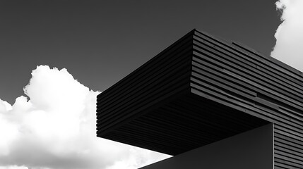 Building with lined facade on cloudy sky background