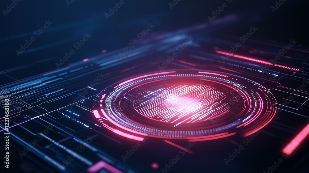 Poster futuristic digital interface with glowing lines and circles, creating a vibrant visual representatio