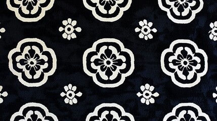 Black fabric with white floral pattern.