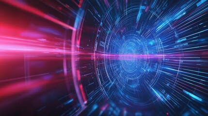 Fototapeta premium This dynamic image showcases an abstract representation of futuristic technology with vibrant blue and red light streaks, symbolizing speed and innovation in a digital landscape.