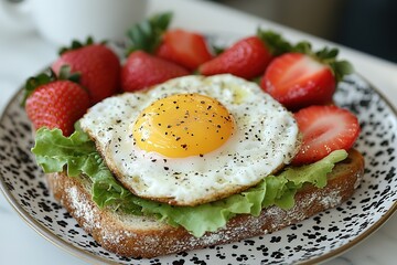 Sunny-side up egg on toast with strawberries and lettuce A delicious and healthy breakfast