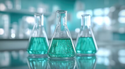 Lab Beakers with Vibrant Teal Solutions