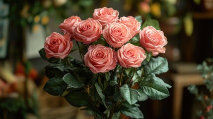 Obraz premium A bouquet of fresh pink roses arranged in a clear glass vase, perfect for decorative purposes or as a gift